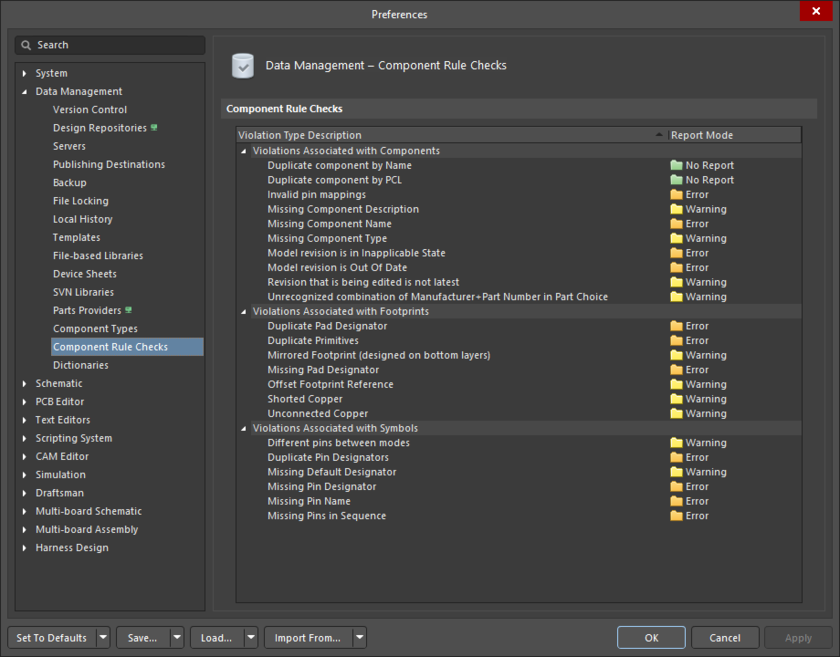 The Data Management – Component Rule Checks page of the Preferences dialog