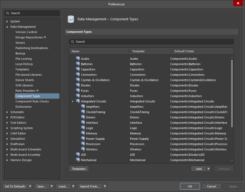 The Data Management – Component Types page of the Preferences dialog