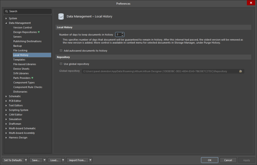 The Data Management – Local History page of the Preferences dialog