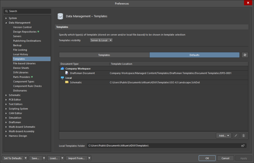 The Data Management – Templates page of the Preferences dialog (the Defaults tab)