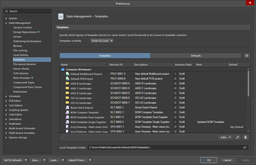 The Data Management – Templates page of the Preferences dialog (the Templates tab)