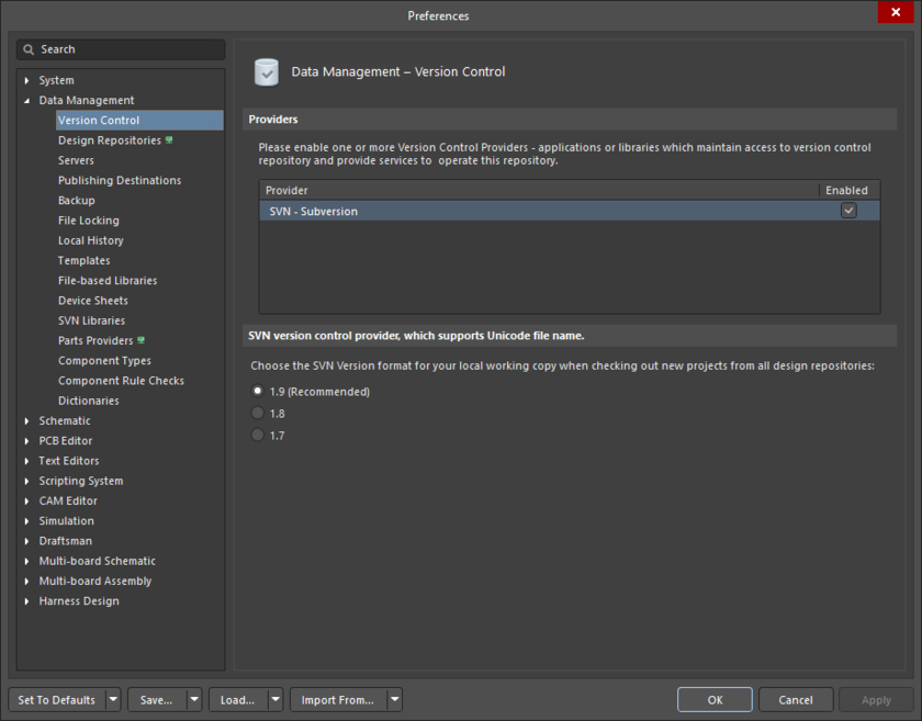 The Data Management – Version Control page of the Preferences dialog