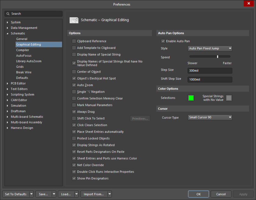 The Schematic – Graphical Editing page of the Preferences dialog