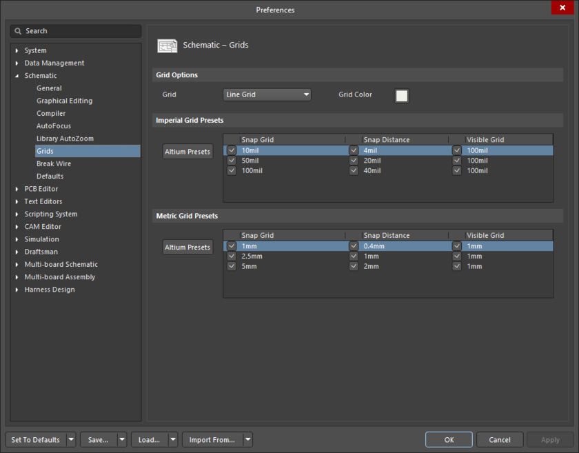 The Schematic – Grids page of the Preferences dialog