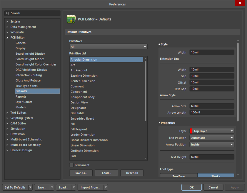The PCB Editor – Defaults page of the Preferences dialog