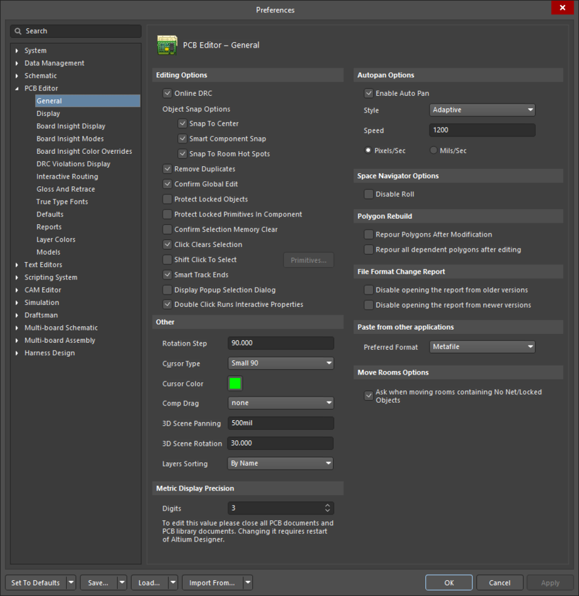 The PCB Editor – General page of the Preferences dialog