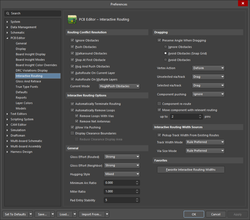 The PCB Editor – Interactive Routing page of the Preferences dialog