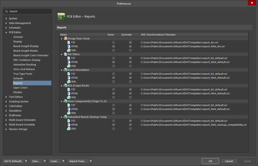 The PCB Editor – Reports page of the Preferences dialog