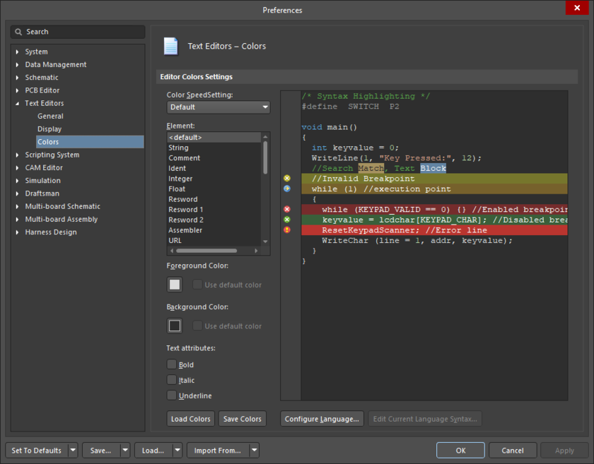 The Text Editors – Colors page of the Preferences  dialog