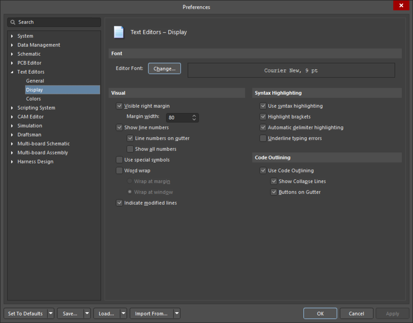 The Text Editors – Display page of the Preferences  dialog