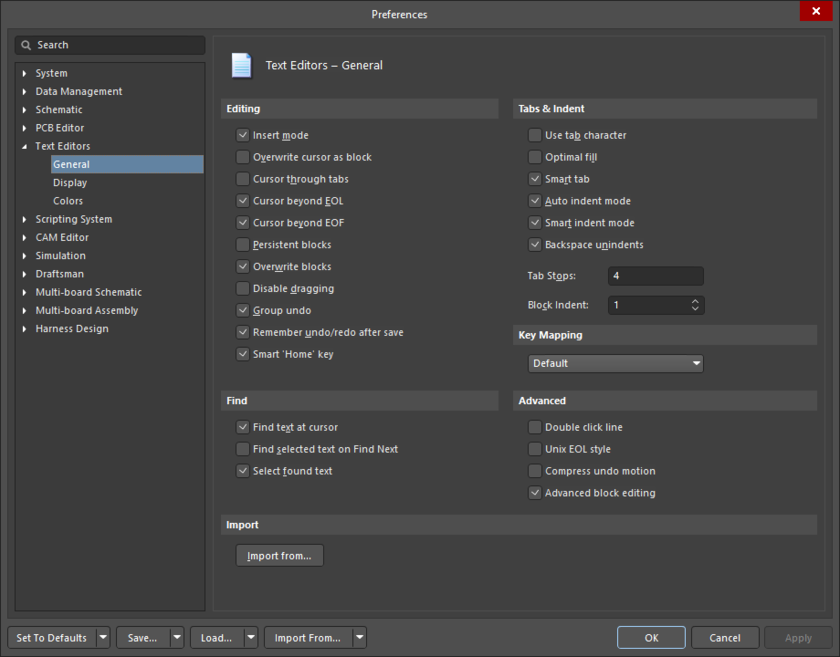 The Text Editors – General page of the Preferences  dialog
