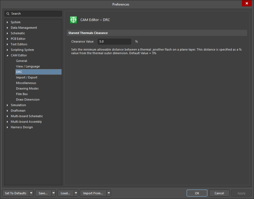 The CAM Editor – DRC page of the Preferences dialog