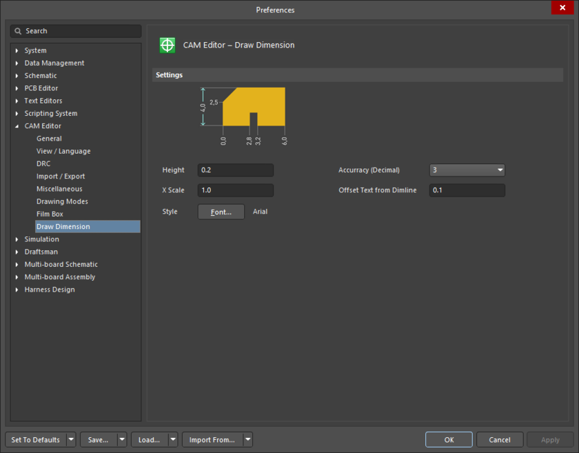 The CAM Editor – Draw Dimension page of the Preferences dialog