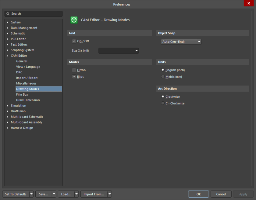 The CAM Editor – Drawing Modes page of the Preferences dialog