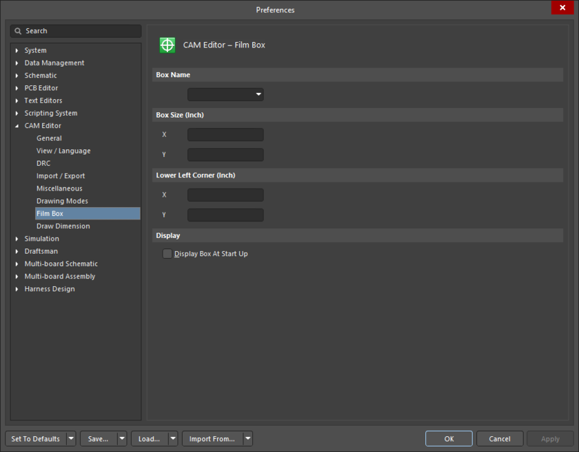 The CAM Editor – Film Box page of the Preferences dialog