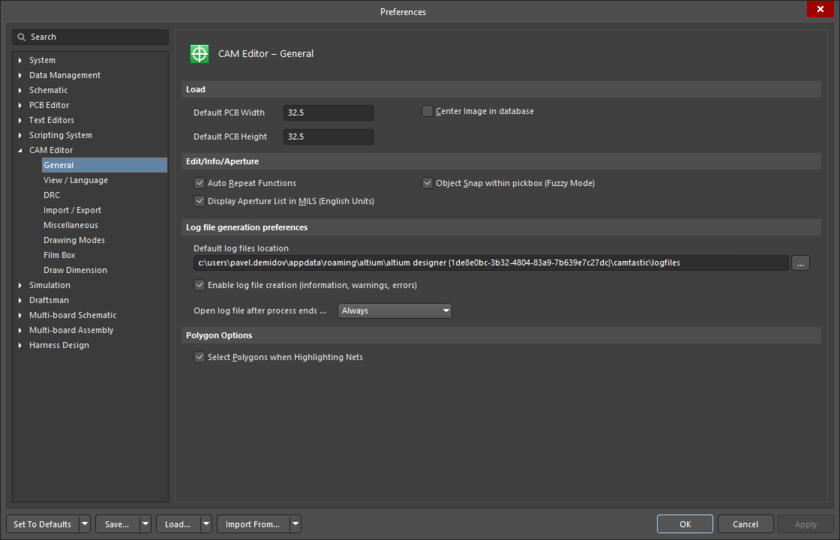 The CAM Editor – General page of the Preferences dialog