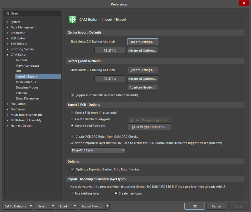The CAM Editor – Import / Export page of the Preferences dialog