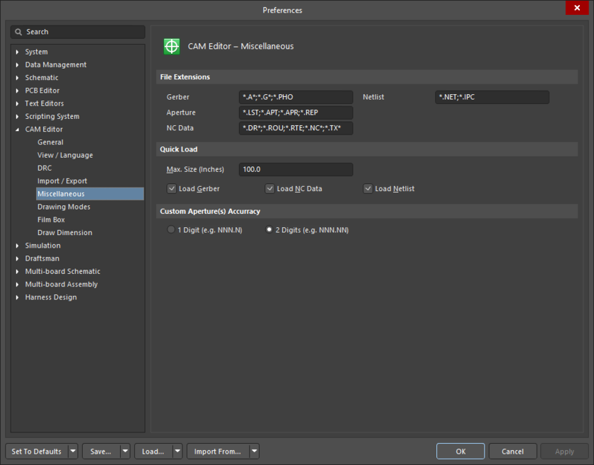 The CAM Editor – Miscellaneous page of the Preferences dialog
