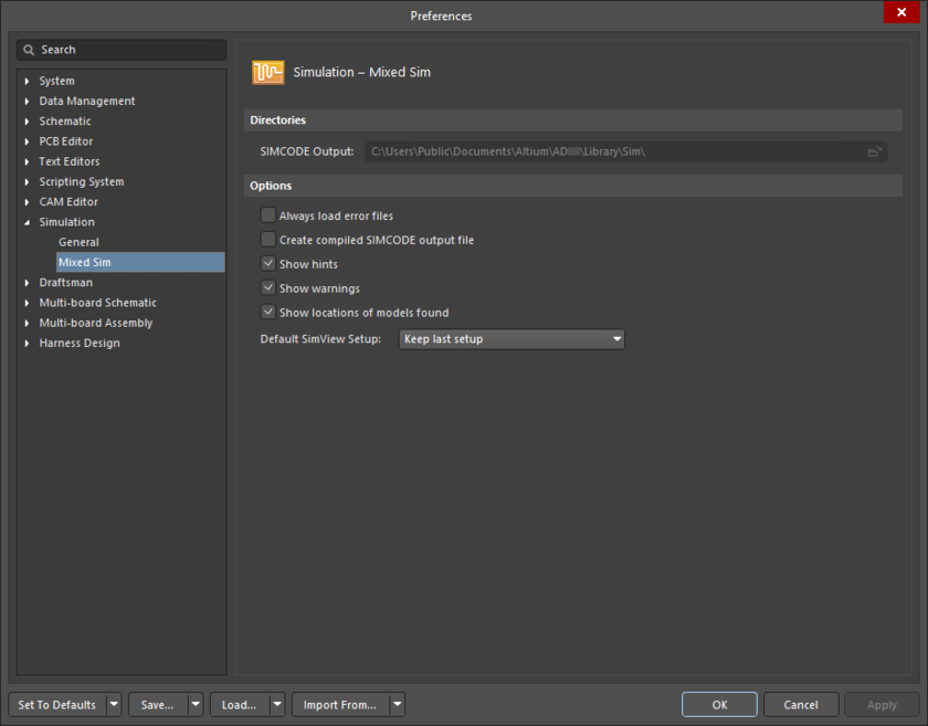 The Simulation – Mixed Sim page of the Preferences dialog