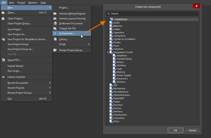 Access the Create new component dialog to select the type of component to be created.