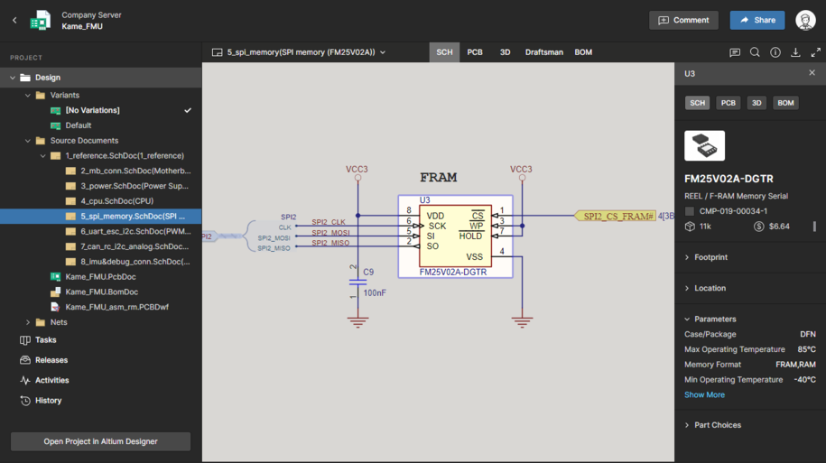 The Design view utilizes Altium's Web Viewer functionality to provide detailed review access to the project's source schematic and PCB documents. Shown here is a schematic – hover over the image to see the PCB.
