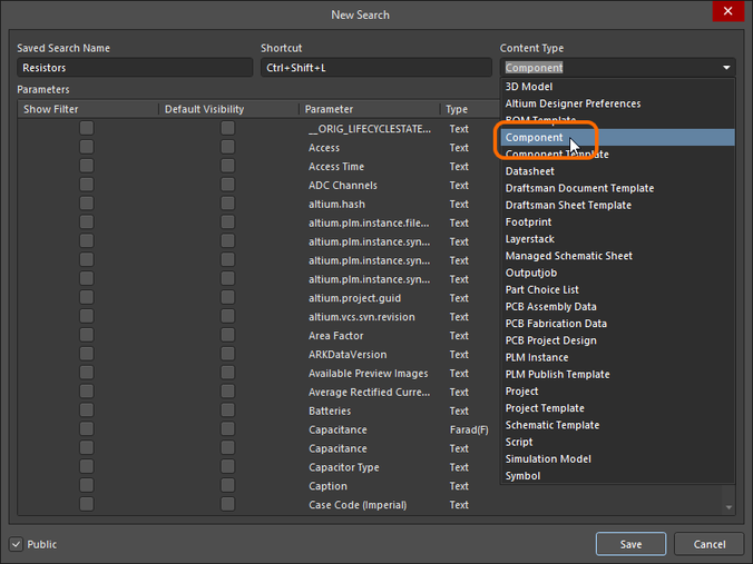 Select Component in the Content Type field drop-down for searching by components in the Workspace.