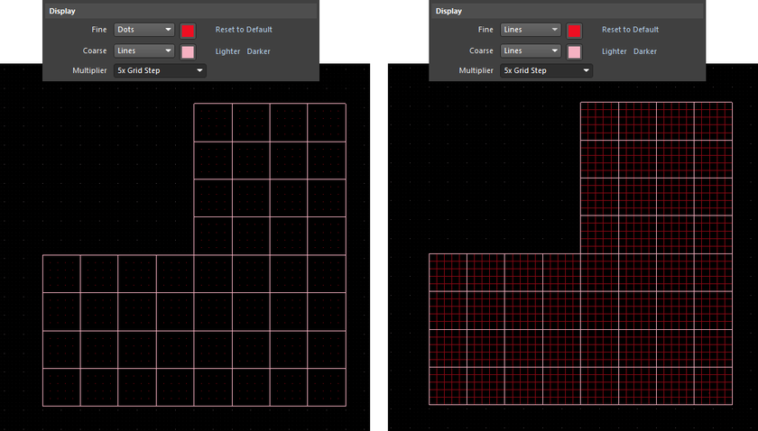 Example Cartesian grid with fine- and coarse-level display grids presented in the design space. Left: Fine-level displayed using dots, coarse-level using Lines. Right: Both fine- and coarse-level grids displayed using Lines.