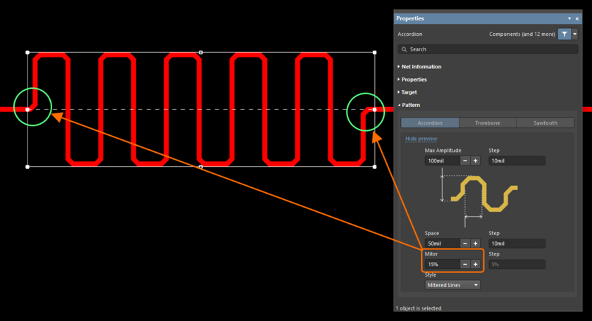 The Miter value from the accordion properties is now also applied to traces connecting that accordion to the route.