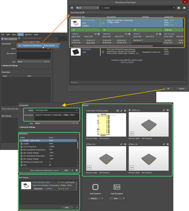 Use the Manufacturer Part Search dialog to find the required manufacturer part, select it, then click OK. The image shows all data for that part being brought into the Component Editor.