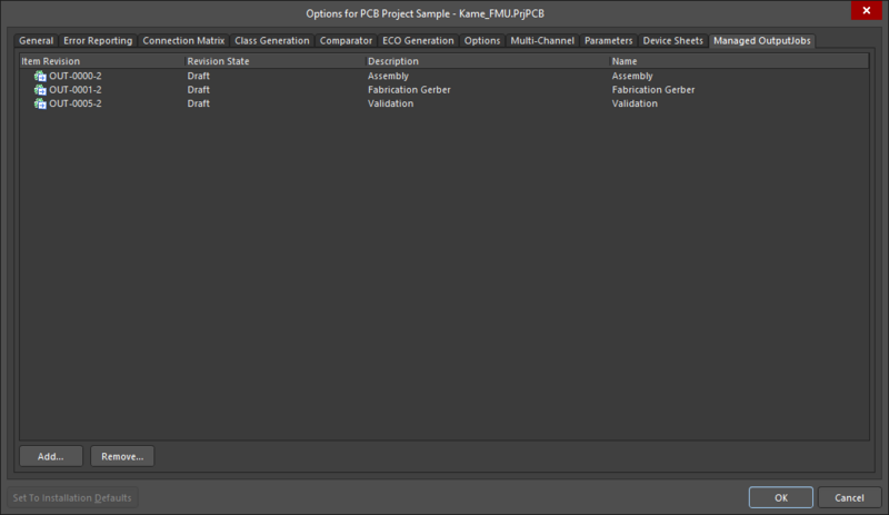 The Managed OutputJobs tab of the Project Options dialog