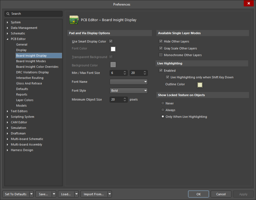 The PCB Editor – Board Insight Display page of the Preferences dialog