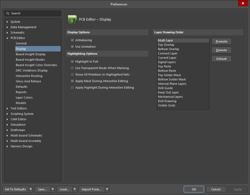 The PCB Editor – Display page of the Preferences dialog