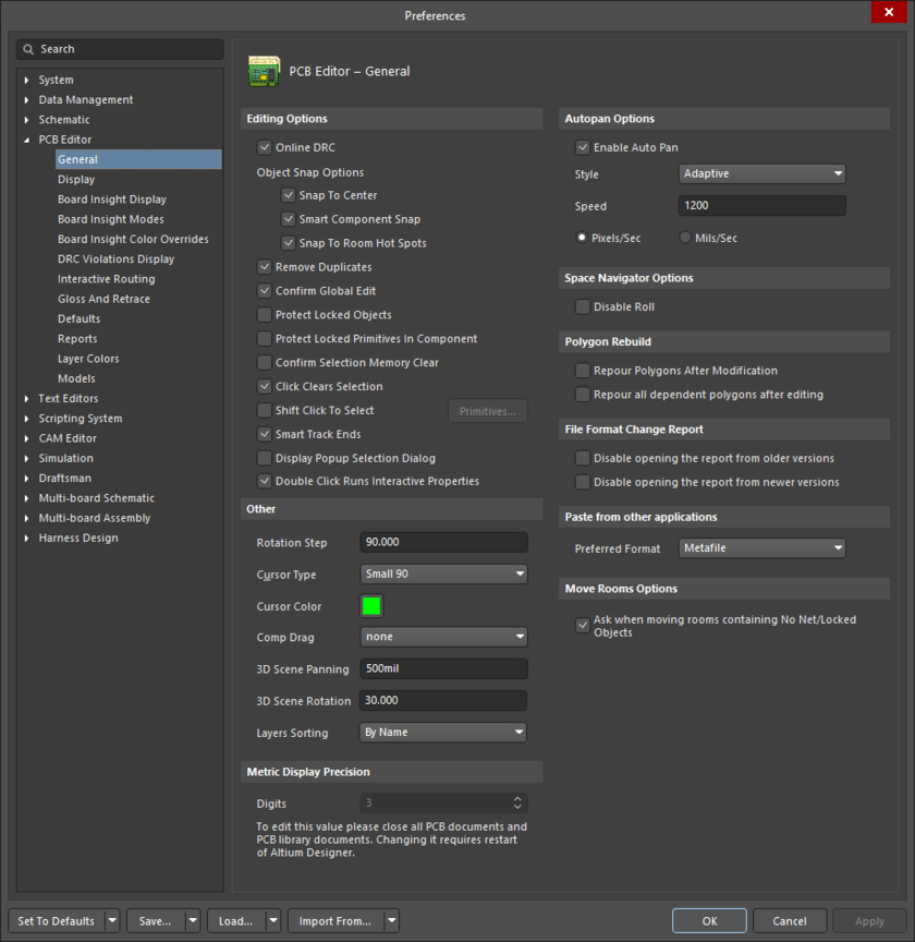 The PCB Editor – General page of the Preferences dialog