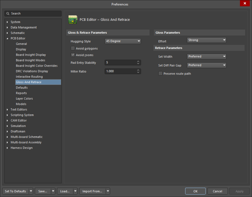 The PCB Editor – Gloss And Retrace page of the Preferences dialog