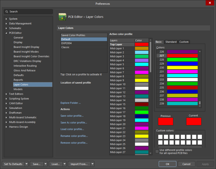 The PCB Editor – Layer Colors page of the Preferences dialog
