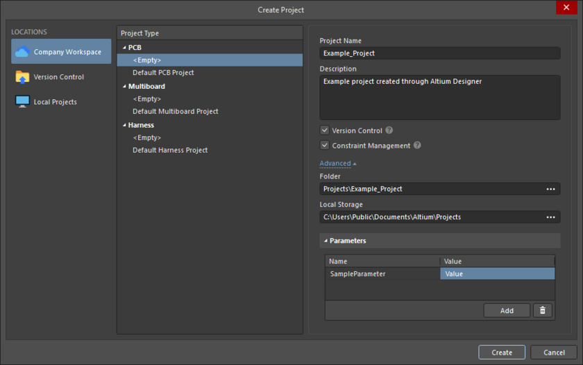 Setting up the Create Project dialog to create a new design project from within Altium Designer. Note that the Advanced options will be appropriate by default.