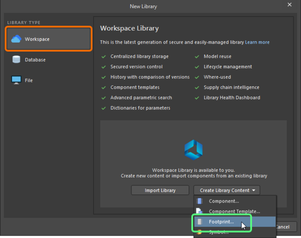 Create a new Workspace Footprint using the New Library dialog