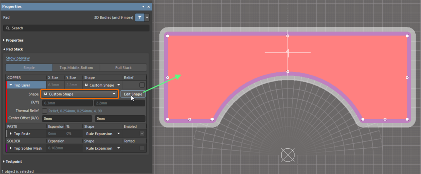 Set the pad shape as custom and edit the shape as required.