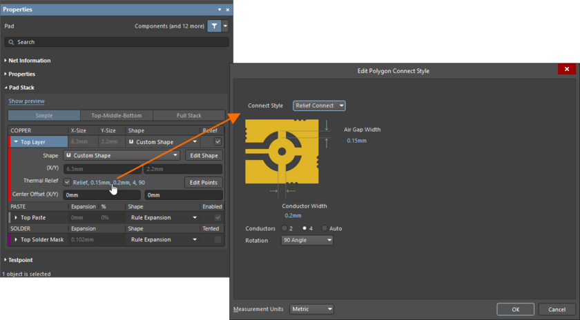 Configure the custom thermal relief for individual pad using the Edit Polygon Connect Style dialog.