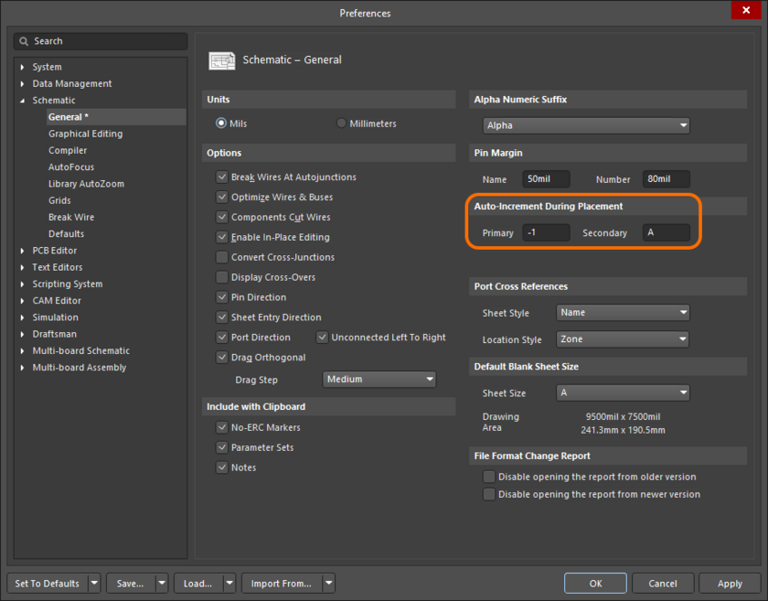 Configure the Auto-Increment During Placement settings on the Schematic – General page of the Preferences dialog.