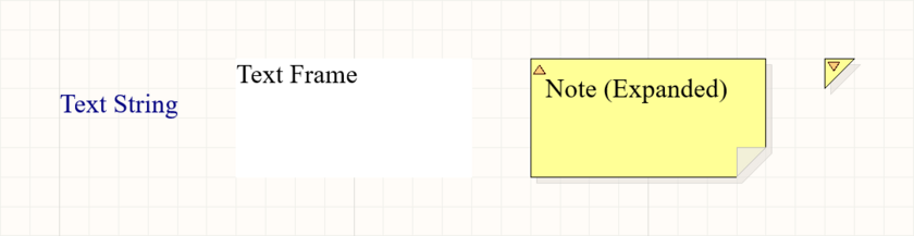 Placed text string, text frame, and note (in its expanded and collapsed modes).