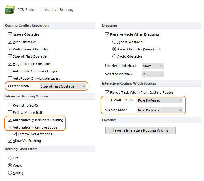 Configure the interactive routing options.