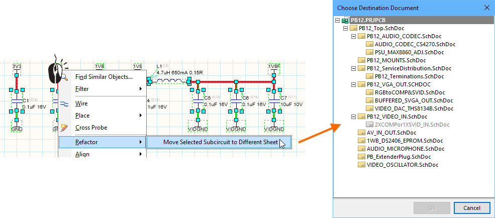 A selected section of circuitry can easily be moved to a different sheet in the project using the right-click Move Selected Subcircuit to Different Sheet command.