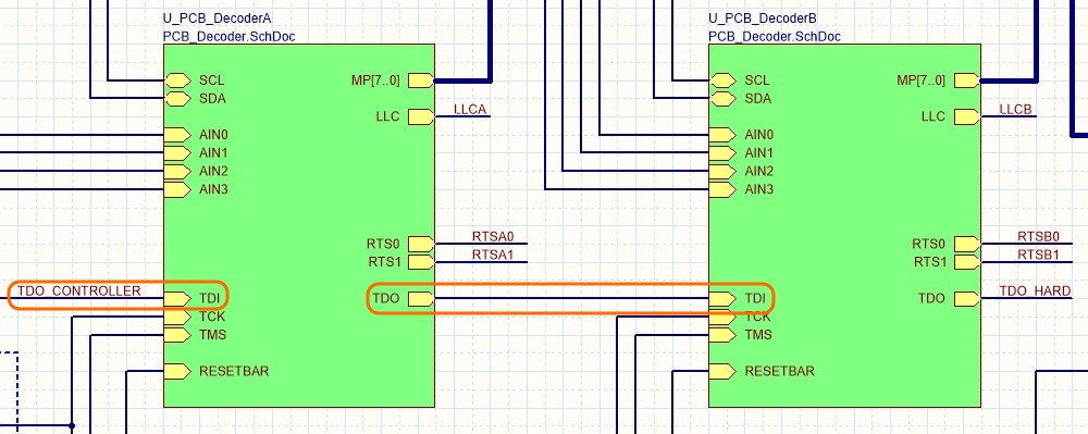 The two decoder channels are created by placing 2 Sheet Symbols, that both reference the same schematic, PCB_Decoder.SchDoc.