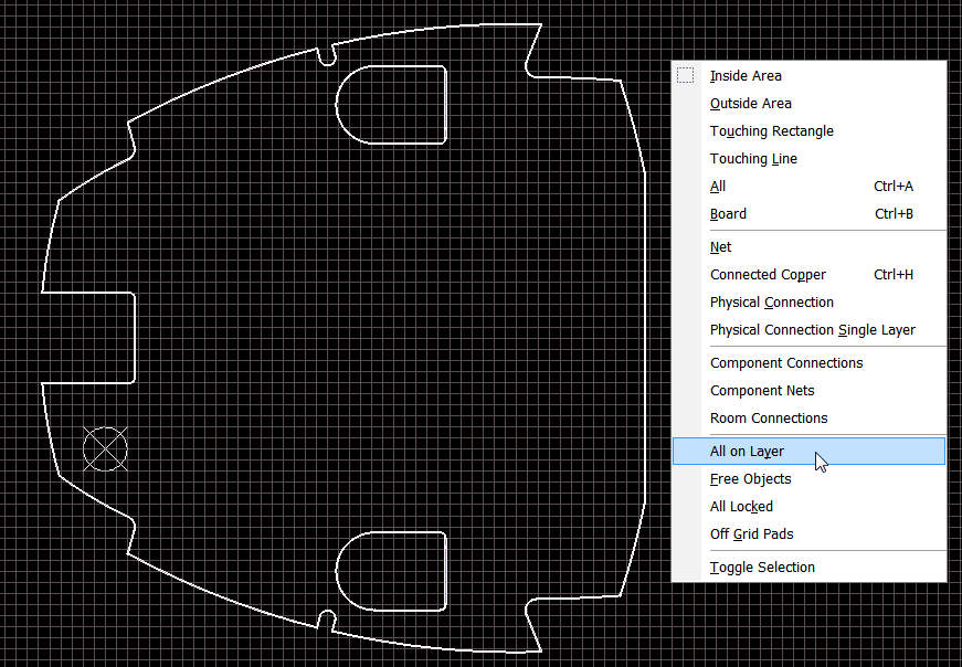 Imported arc and line objects, which are being selected so they can be used to define the board shape.