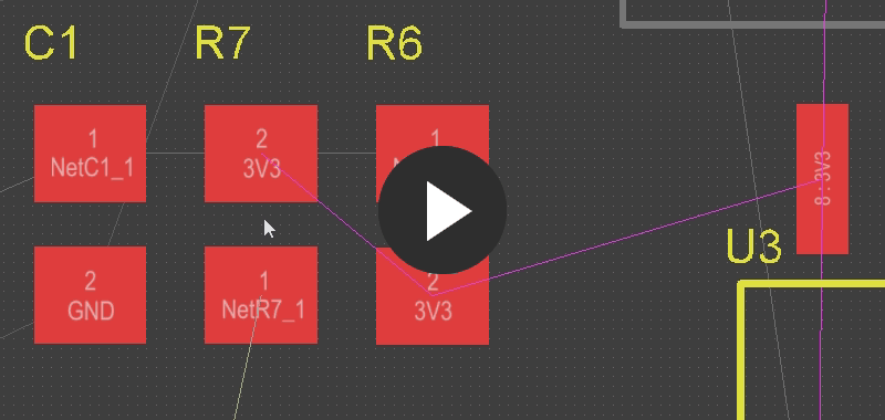 Note how the 3V3 connection lines jump around as R7 is moved, automatically being rearranged to keep the shortest overall connection length.