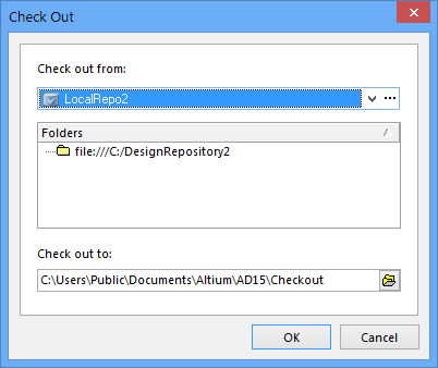 Once a compatible VCS repository is accessible in Altium Designer, design files can be added to (left dialog image) and checked out from (right dialog image) the repository.