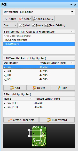 Differential pairs can be viewed and managed in the Differential Pair Editor.