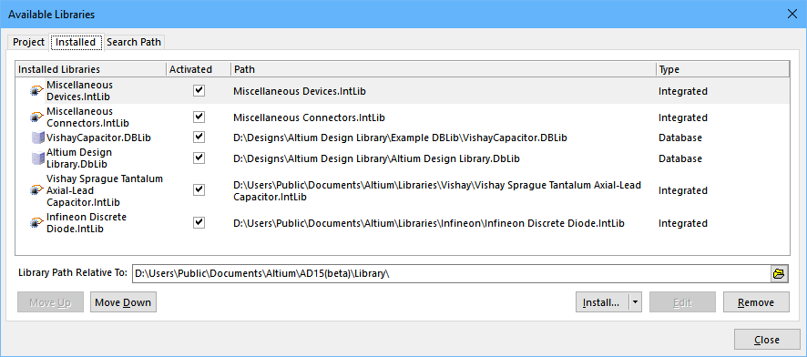 The Installed tab provides a list of globally available libraries in the current Altium Designer session.