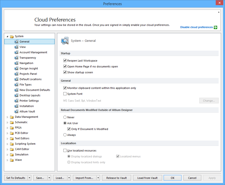  The System - General page of the Preferences dialog